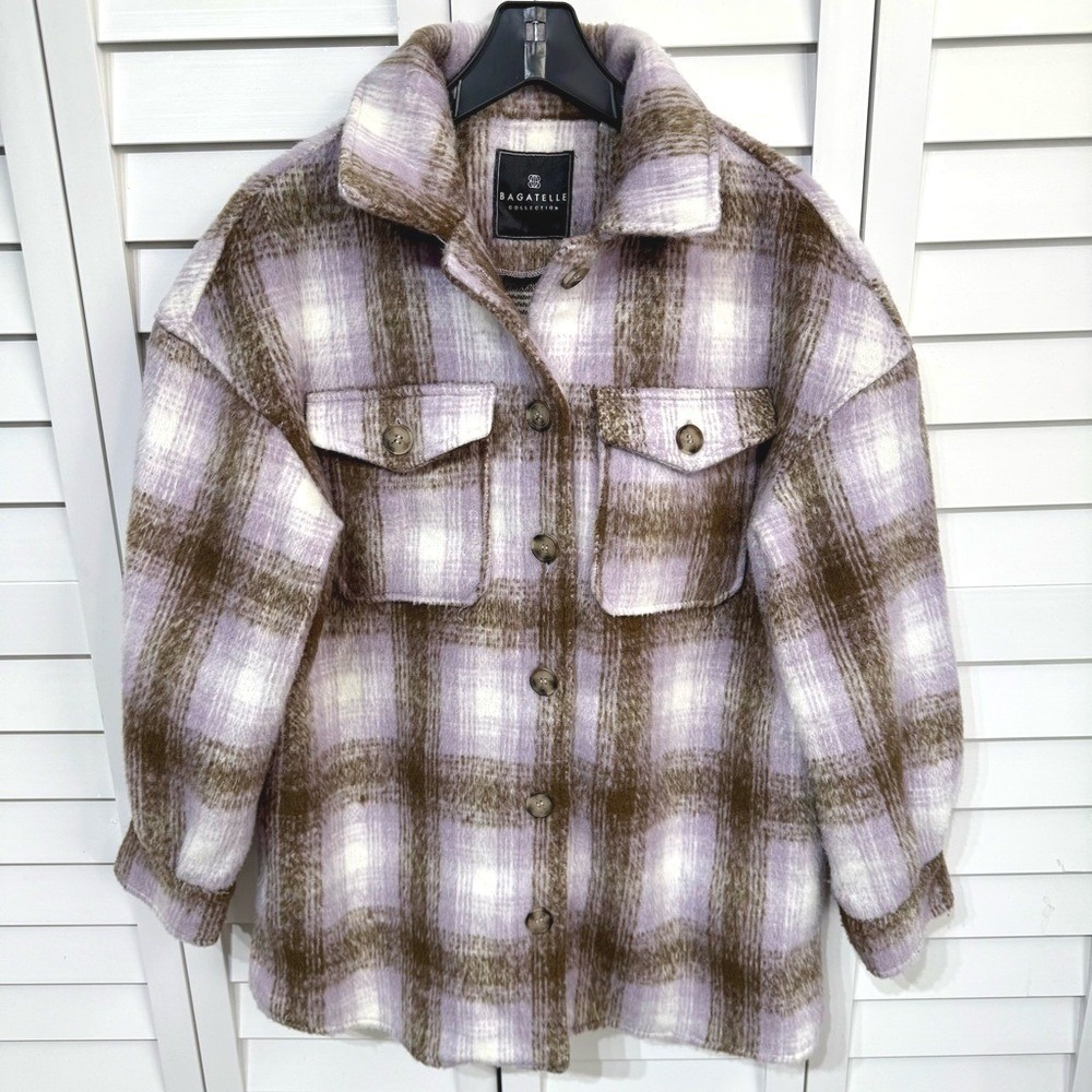 Bagatelle Womens Plaid Shacket M Purple Brown Oversized Flannel Fall Jacket Coat - Picture 2 of 11